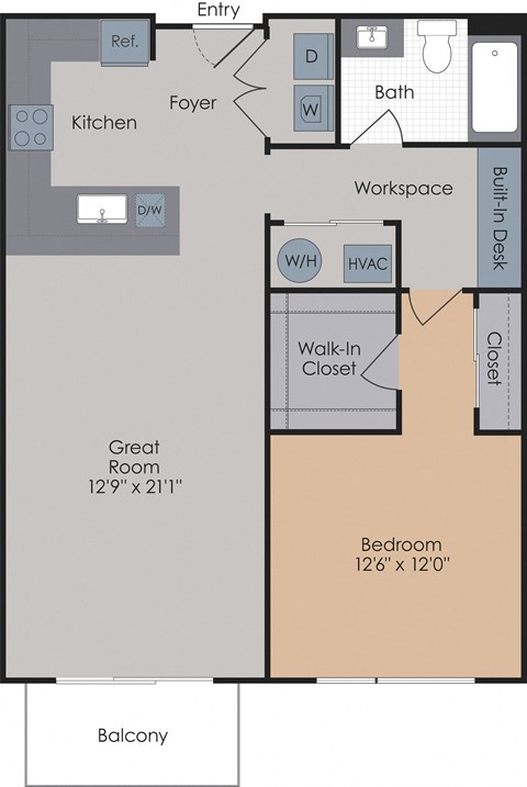 Floor plan for 1 bed, 1 bath, 916 sqft